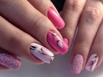 Рожевий манікюр (123 фото): красивий яскраво-рожевий манікюр з сірим кольором і сріблом, місячний декор та ідеї блискучих малюнків з смужками