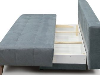 Розкладні дивани без підлокітників: моделі шириною 120, 130 і 140 см, маленькі 100 і 110 см, переваги і недоліки