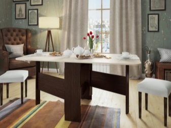 Розкладний обідній стіл-книжка для вітальні: як вибрати вузький стіл-трансформер для залу круглої і квадратної форми?