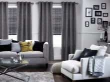 Сірі штори в інтер’єрі вітальні (60 фото): біло-сріблясті штори в залі, сіро-зелені, сіро-блакитні, сіро-бежеві комбінації в шторах