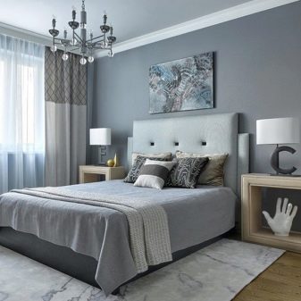 Сірі штори в спальні (63 фото): інтер’єр з синьо-сірими і світло-сірими фіранками, дизайн з темно-сірими і сіро-коричневими шторами, інші варіанти