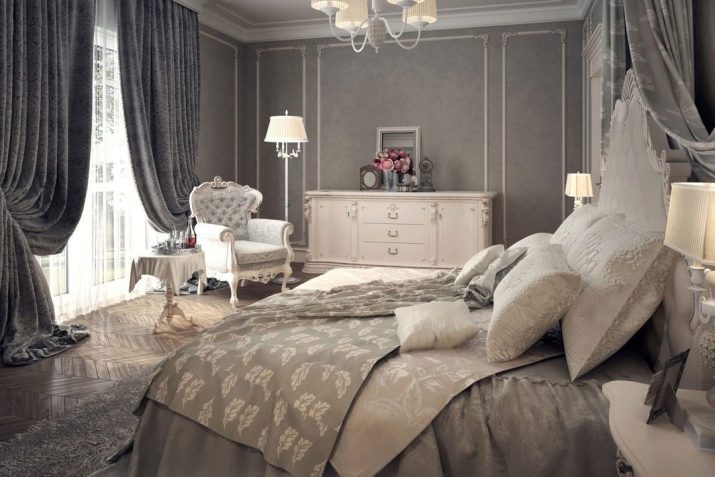 Сірі штори в спальні (63 фото): інтер’єр з синьо-сірими і світло-сірими фіранками, дизайн з темно-сірими і сіро-коричневими шторами, інші варіанти