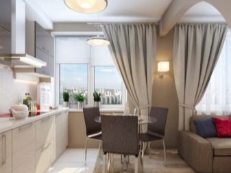 Штори на кухню-вітальню (49 фото): дизайн штор для кухні, суміщеної з вітальнею, з двома вікнами, варіанти фіранок для класичних і сучасних кухонь