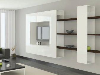 Стелажі у вітальню (45 фото): стелажі в сучасному стилі під телевізор і для посуду, стильні кутові стелажі і інші варіанти в інтер’єрі