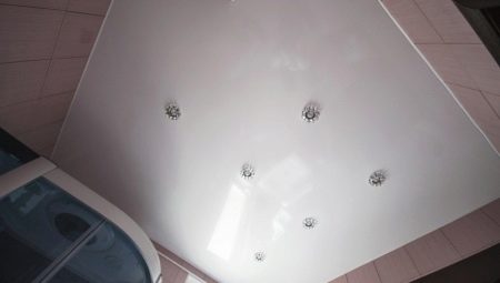 Стеля в туалеті (63 фото): натяжна однотонний і кольоровий стелю, обробка рейковими пластиковими панелями, підвісна стеля з гіпсокартону і інші варіанти