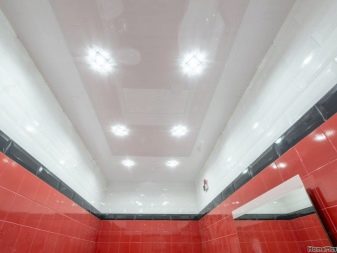 Стеля в туалеті (63 фото): натяжна однотонний і кольоровий стелю, обробка рейковими пластиковими панелями, підвісна стеля з гіпсокартону і інші варіанти
