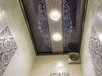 Стеля в туалеті (63 фото): натяжна однотонний і кольоровий стелю, обробка рейковими пластиковими панелями, підвісна стеля з гіпсокартону і інші варіанти