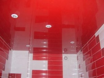 Стеля в туалеті (63 фото): натяжна однотонний і кольоровий стелю, обробка рейковими пластиковими панелями, підвісна стеля з гіпсокартону і інші варіанти