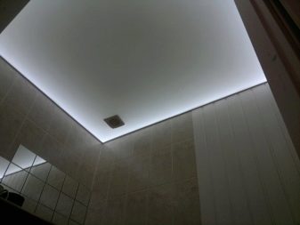 Стеля в туалеті (63 фото): натяжна однотонний і кольоровий стелю, обробка рейковими пластиковими панелями, підвісна стеля з гіпсокартону і інші варіанти