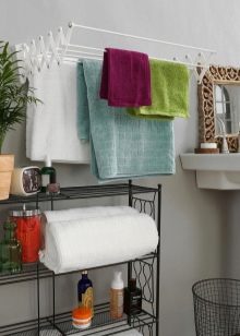 Сушарки для білизни у ванну кімнату: настінні і стельові, мотузки для сушіння і складні, ліани і вішалки. Особливості опускаються і розсувних моделей
