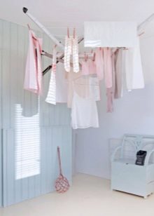 Сушарки для білизни у ванну кімнату: настінні і стельові, мотузки для сушіння і складні, ліани і вішалки. Особливості опускаються і розсувних моделей