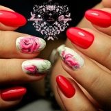 Троянди на нігтях (50 фото): дизайн трафаретного манікюру з трояндочками, червоний і чорний малюнок на коротких нігтях