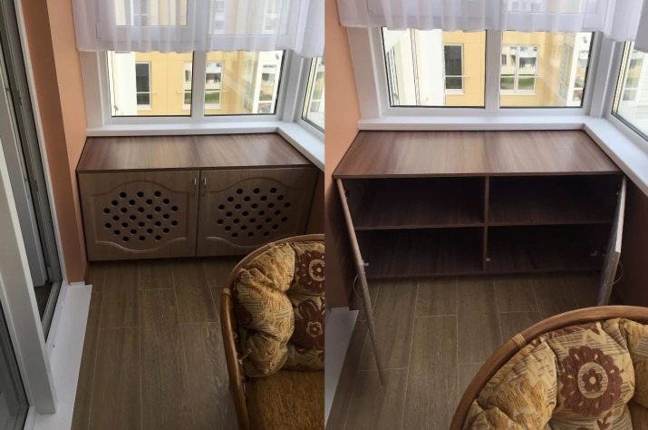 Тумба на балкон (43 фото): як вибрати вбудовані пластикові тумбочки і з вагонки для зберігання овочів?