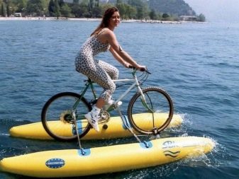 Водні велосипеди (26 фото): катамарани з надувними понтонами, велосипеди Manta5 з підводними крилами, огляд моделей SAVA, «Янтар» та інших