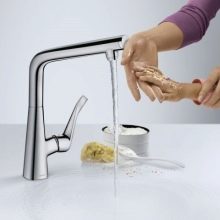 Змішувачі для кухні Hansgrohe (21 фото): моделі кухонних кранів з висувним изливом, колекція змішувачів Focus та інші