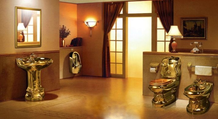 Золоті унітази (34 фото): як виглядає унітаз золотого кольору в інтер’єрі туалету? Підвісні та інші моделі з оздобленням діамантами та іншим декором